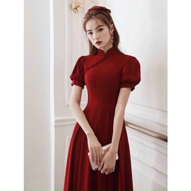 Đầm xoè cổ tàu tay phồng nút bọc phong cách tiểu thư cổ điển