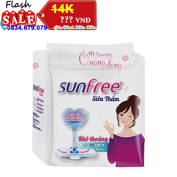 Băng vệ sinh Sunfree siêu thấm khô thoáng có cánh 24cm x Gói 8 Miếng