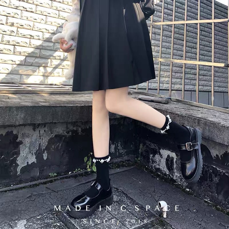 Tất ống phối ren đính ngọc trai nhân tạo kiểu Nhật dễ thương dành cho nữ