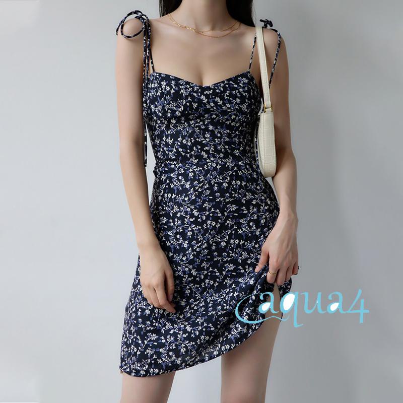 ANANA-Women Tie-up A-line Dress, Slim-fit Backless Floral Print V-neck Spaghetti Strap One-piece