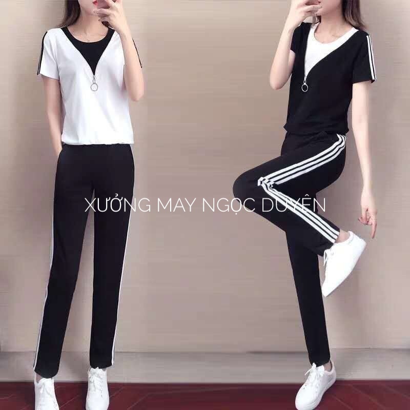 Quần thể thao nữ đen dài 3 viền sọc trắng vải Umi ống baggy bo gấu - Quần jogger thun nỉ có túi dây rút đi học thể dục