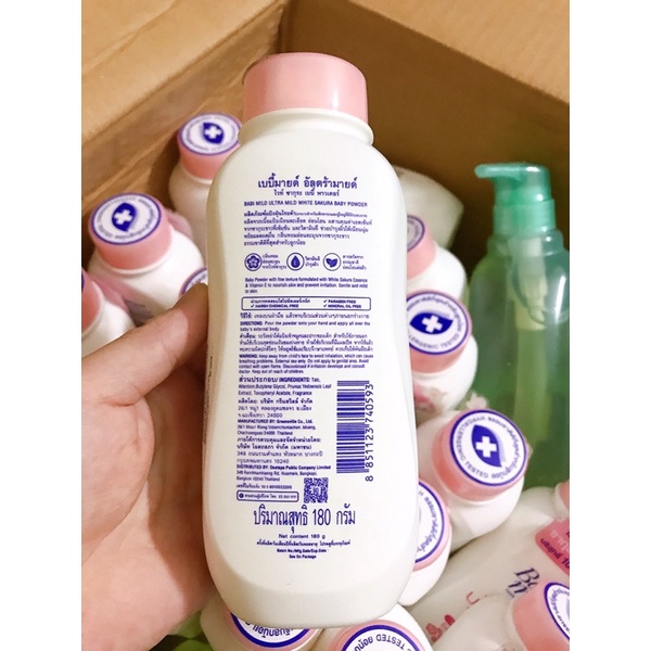 [Chạy date 04/2022] Phấn thơm trẻ em Babi mild White sakura 180g( chai hồng hương anh đào)