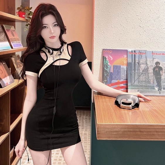 Đầm Đen Mùa Hè Ôm Dáng Tay Cộc Co Giãn Ghép Vải Gợi Cảm Phong Cách Hàn Quốc Cho Nữ
