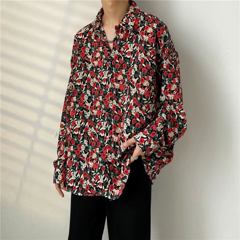Áo sơ mi Chiffon dài tay dáng rộng in họa tiết hoa hồng cổ điển phong cách Hàn Quốc dành cho nam M-3XL
