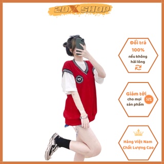 Set áo gile đỏ viền cổ huy hiệu kèm áo trắng hot trend