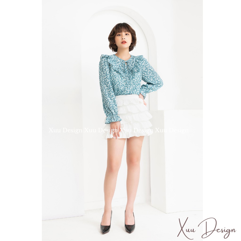 Áo sơ mi nữ bèo ngực hoa nhí Xuu Design, Áo kiểu tay chuông tiểu thư chất vải Chifon nhẹ mát [TK21.04 hoa xanh]