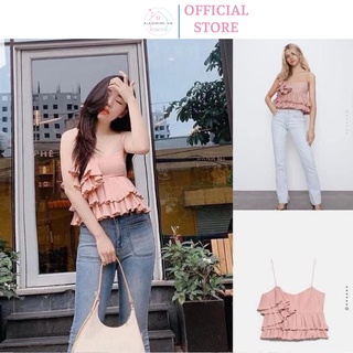 Áo nữ kiểu màu hồng phối bèo 2 dây xếp tầng Xiaomimi AA5021