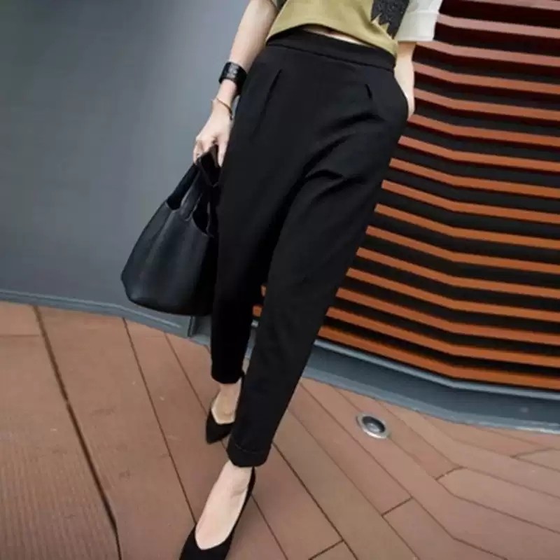 Quần baggy nữ công sở cạp chun lưng thun co giãn màu đen ống bó kiểu dáng Quần Bom nữ bo gấu thụng thể thao chất vải umi