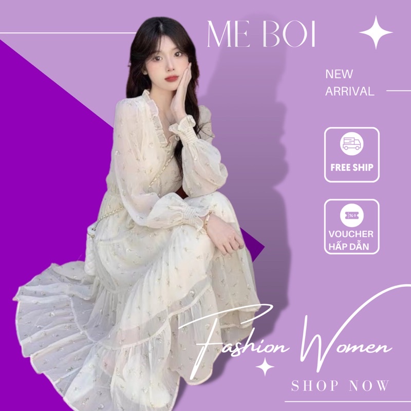 (Mễ Bối_ORDER) VÁY TRẮNG HOẠ TIẾT HOA DÁNG DÀI PHỐI REN CÔNG CHÚA NGỌT NGÀO KIỂU PHÁP