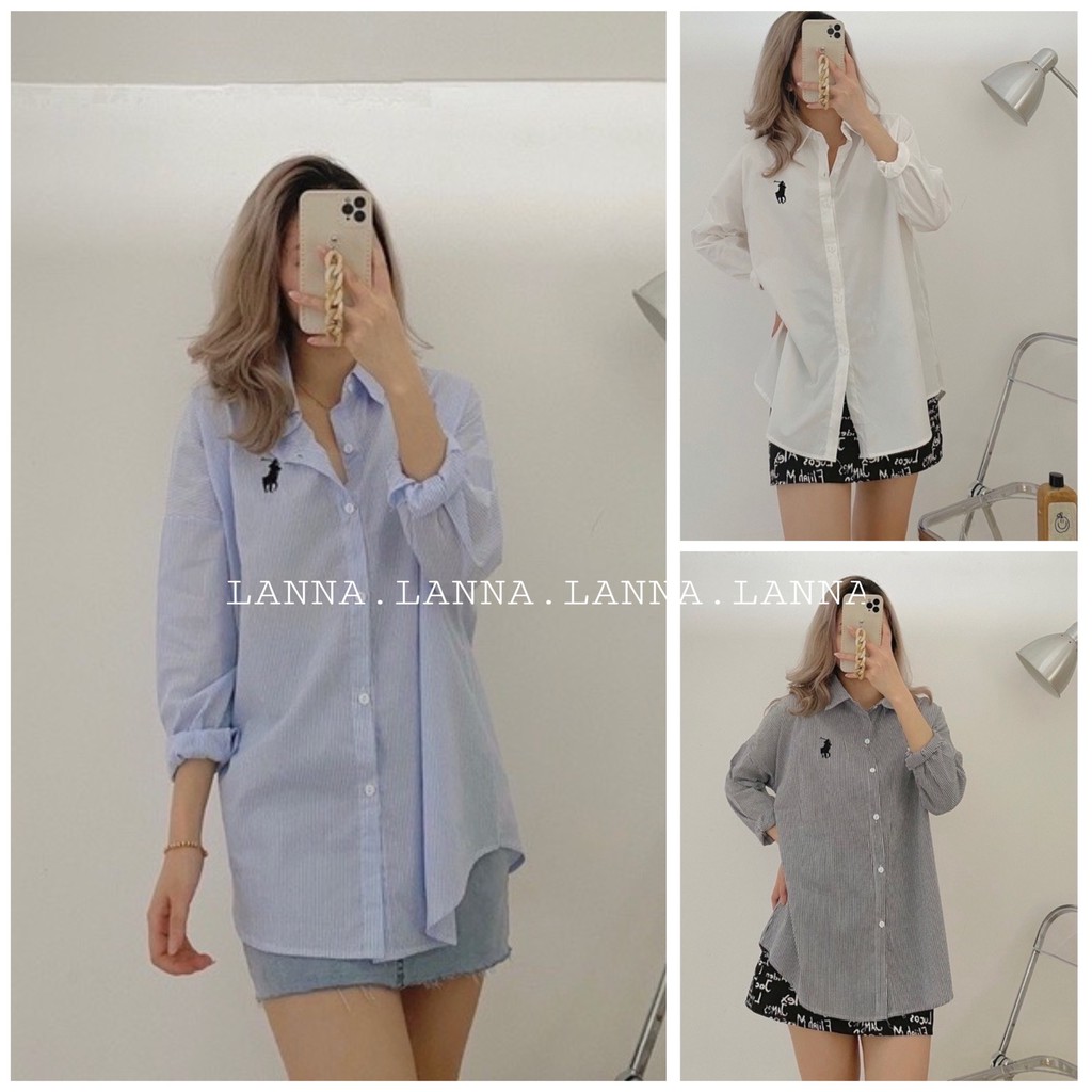 [Ảnh thật] Áo sơ mi dài tay lỡ thêu hình cotton 100%