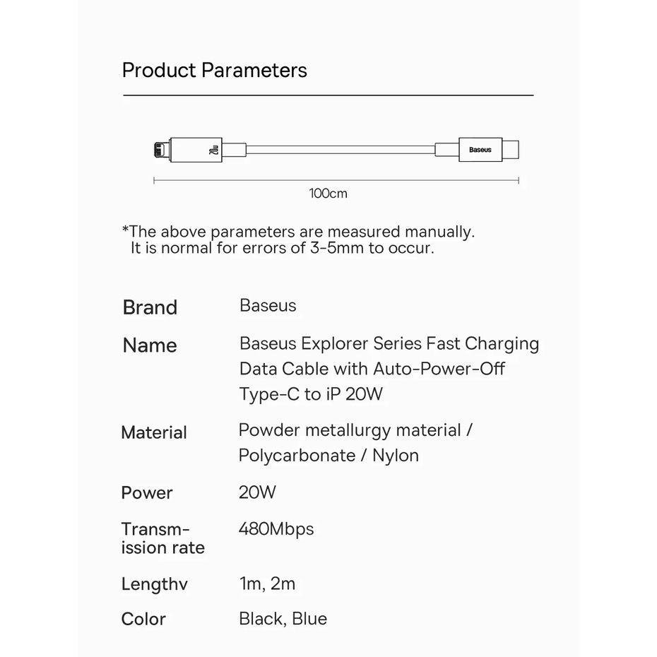 Cáp sạc tự ngắt PD 20W cho chính hãng BASEUS