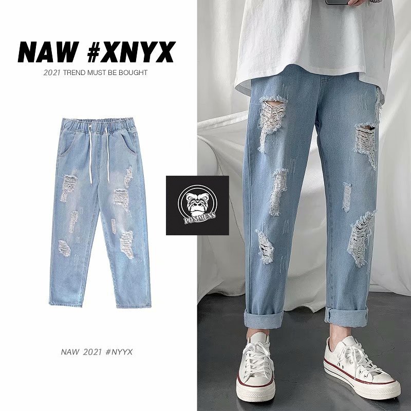 Quần jean baggy nam rách gối tả tơi trông bụi bặm 2021 Pon.mens | BigBuy360 - bigbuy360.vn