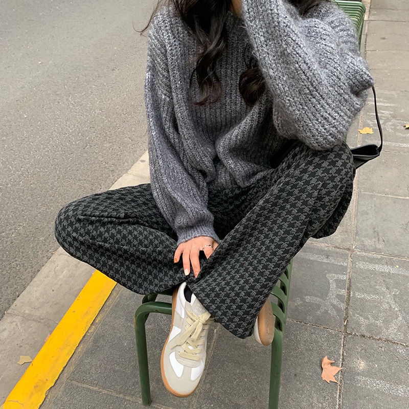 Quần Dài Ống Rộng Lưng Cao Kẻ Sọc Kiểu Hàn Quốc Cá Tính Cho Nữ