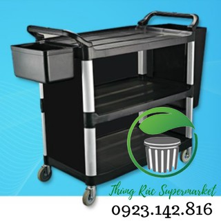 *Sale sập sàn* Xe đẩy dọn thức ăn, bát đũa 3 tầng bằng nhựa, có 4 bánh xe (Không đi kèm xô, thau), loại có vách ngăn