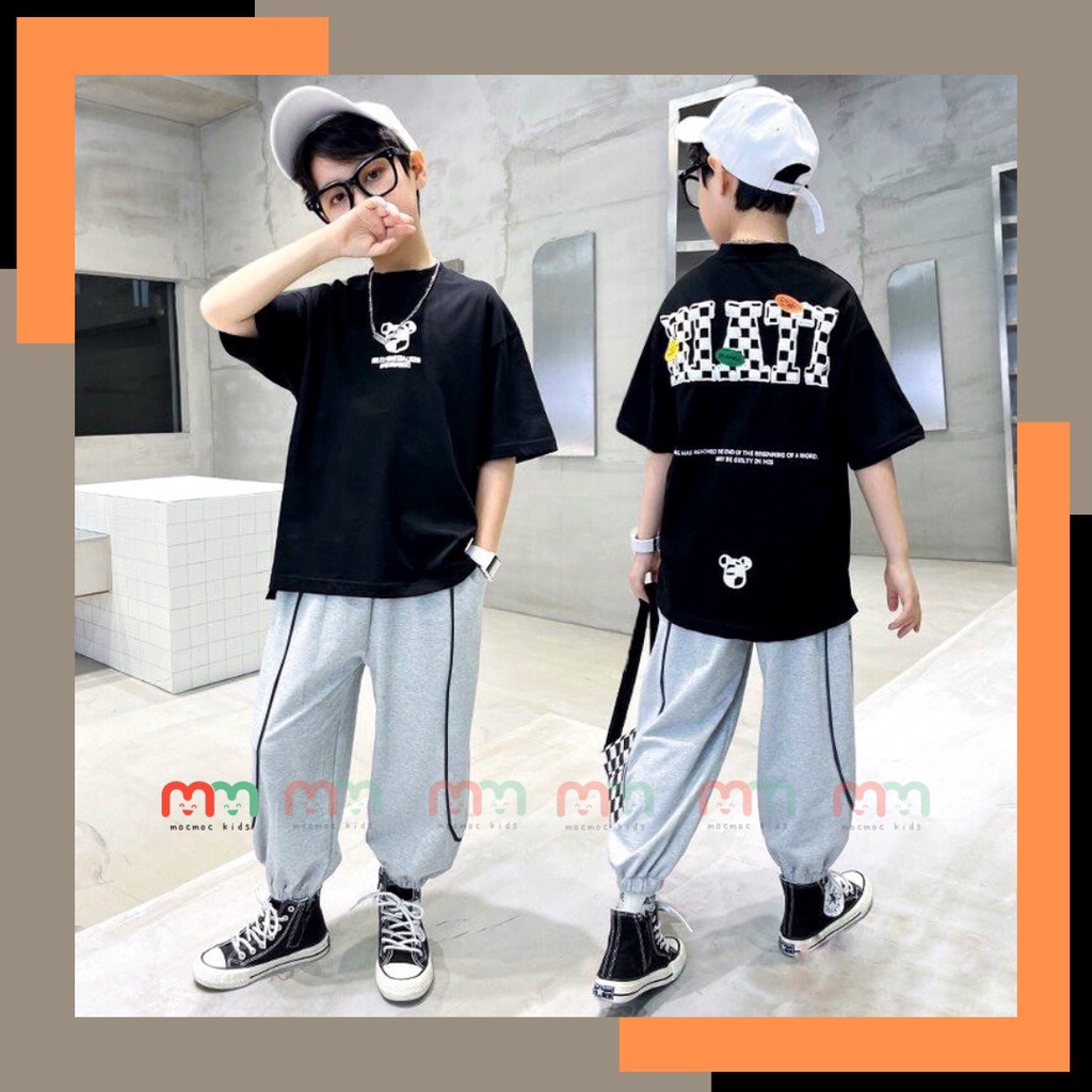 Set thể thao bé trai hip hop cá tính áo thun lệch tà phối quần jogger thun cotton cao cấp co dãn mềm mịn cho bé 9kg-52kg