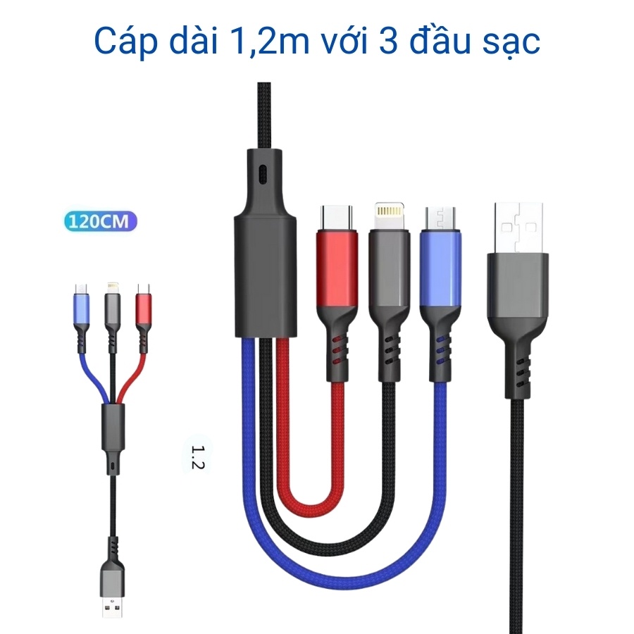 cáp sạc 3 đầu sạc nhanh iphone samsung micro usb sạc đa năng 3 trong 1