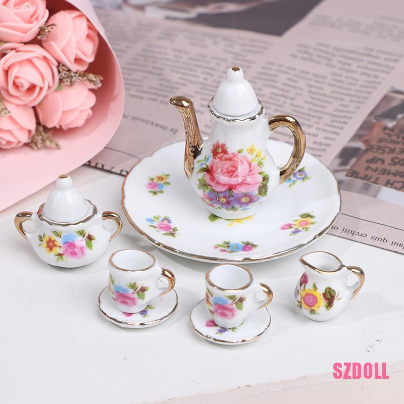 Set 8 Bộ Ấm Tách Trà Bằng Sứ In Họa Tiết Hoa Trang Trí Nhà Búp Bê