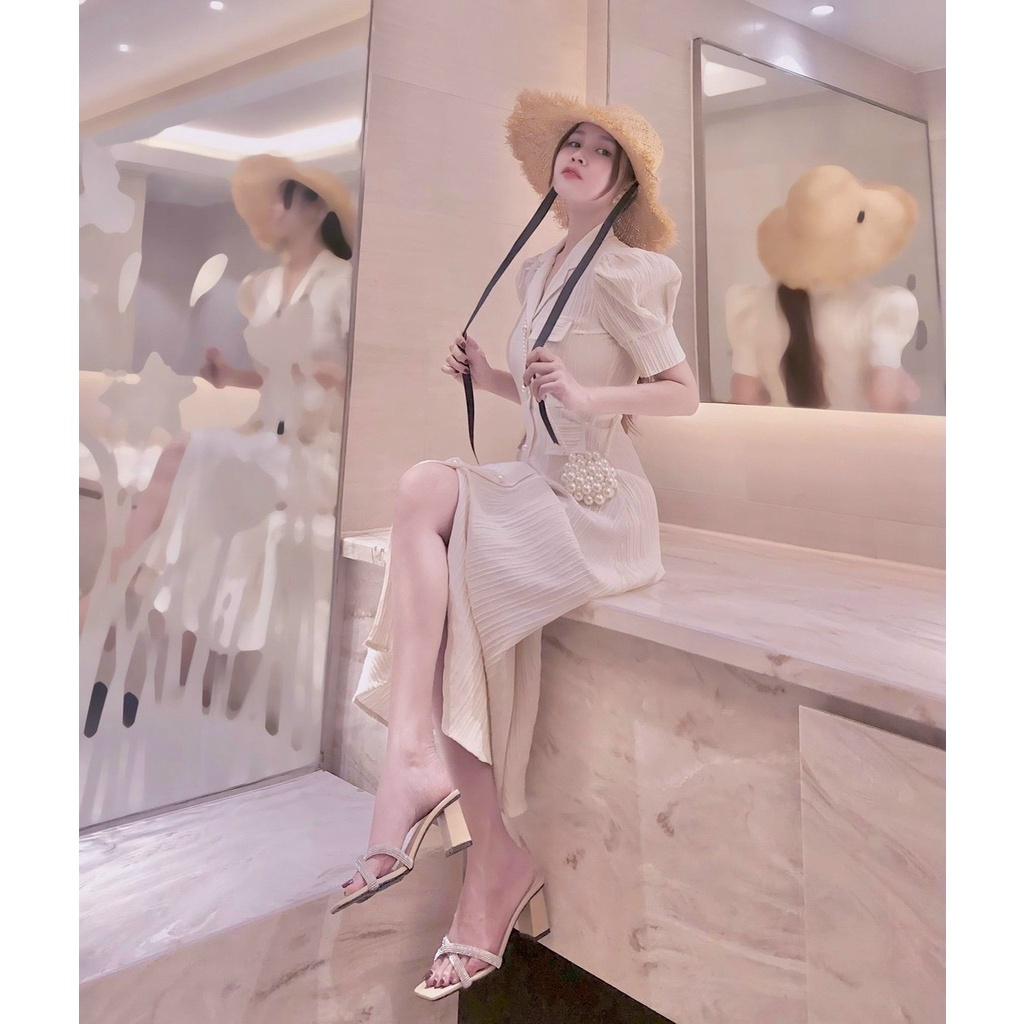 MAXI VẢI SỌC CỔ SƠ MI TAY BÚP