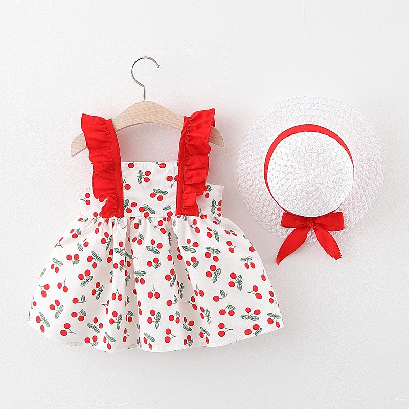 Áo Váy trẻ em {FREE SHIP} TẶNG MŨ CÓI kiểu dáng vintage họa tiết cherry xinh xắn