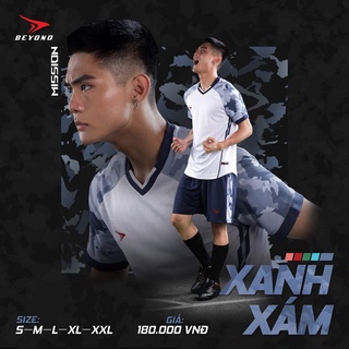 Quần áo bóng đá, đồ đá banh không Logo, áo đá bóng Beyono Mission Xanh Xám - Chất vải cao cấp, thấm hút tốt