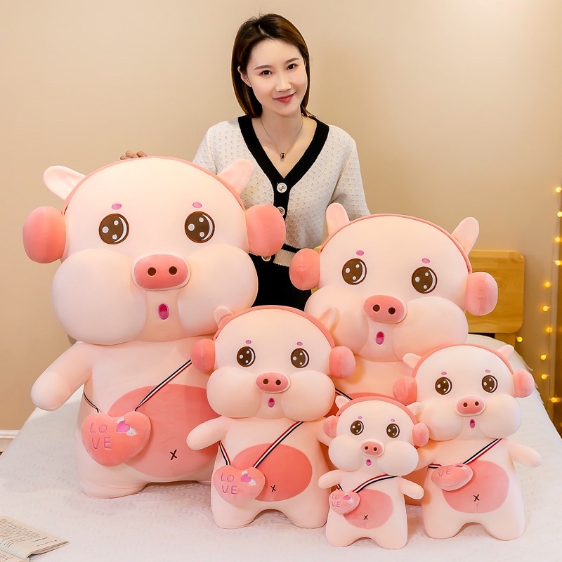 Gấu Bông Heo Đeo Túi Trái Tim, Hàng Quảng Châu có dây kéo