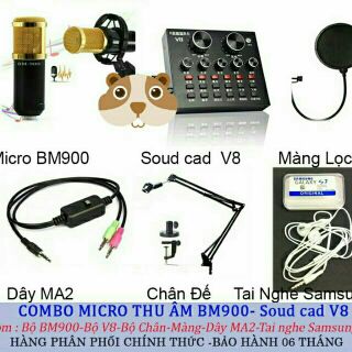 Combo livetream thu âm micro bm 900. sound card v8. chân kẹp bàn. màng lọc âm. dây livestream ma2