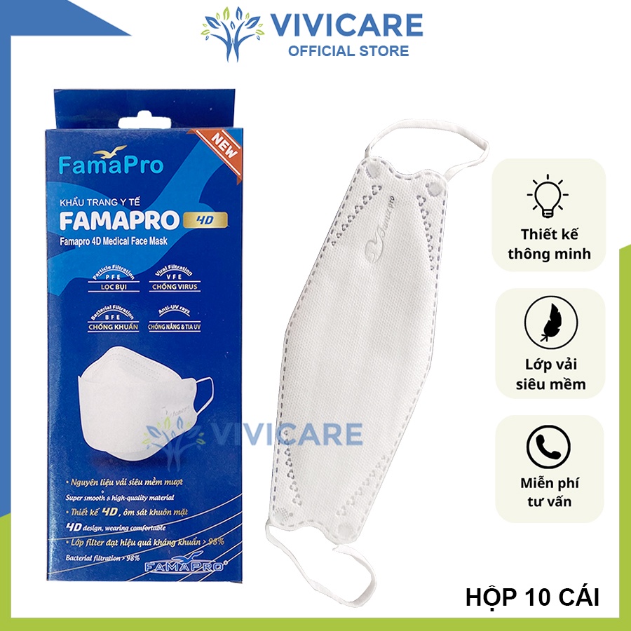 Khẩu trang y tế 4D 3 lớp chính hãng kháng khuẩn famapro Nam Anh KF94 trắng xanh đen xám hộp 10 cái VIVICARE VC104