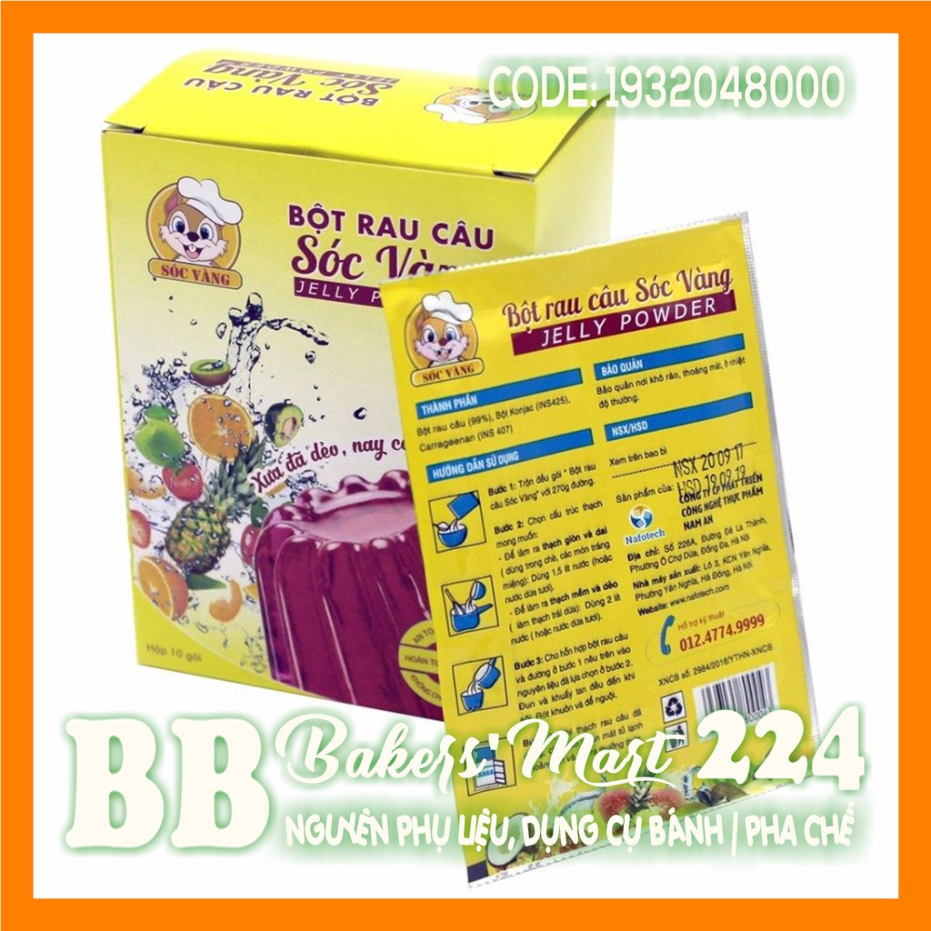 1 HỘP NGUYÊN - Bột rau câu Jelly DẺO hiệu SÓC VÀNG - HỘP (10 gói x 12gr)