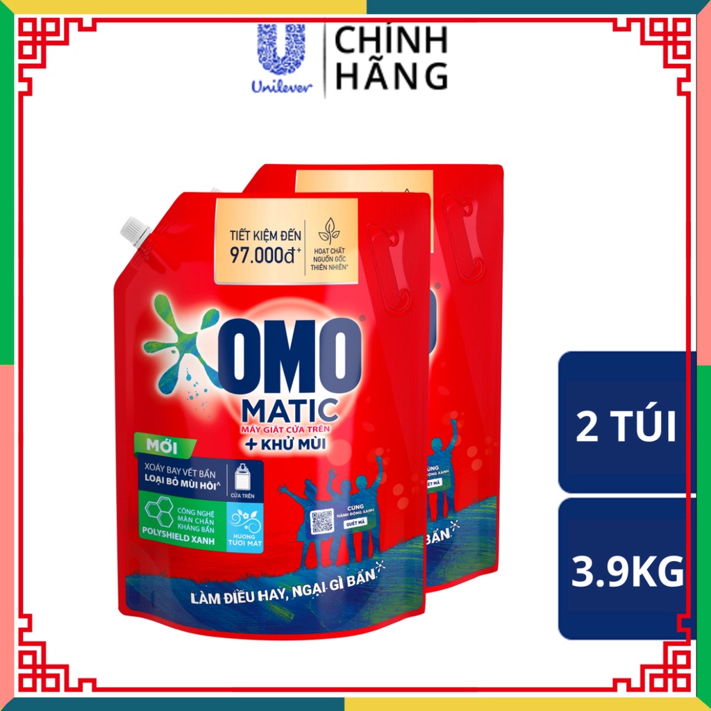 Combo 2 Túi Nước giặt OMO Matic chuyên sử dụng Cửa Trên 3.9kg