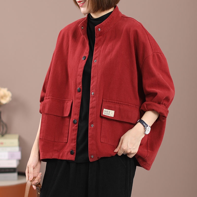 Áo Khoác denim Cotton Cổ Đứng Dáng Rộng Thời Trang Xuân Thu 2022 Cho Nữ