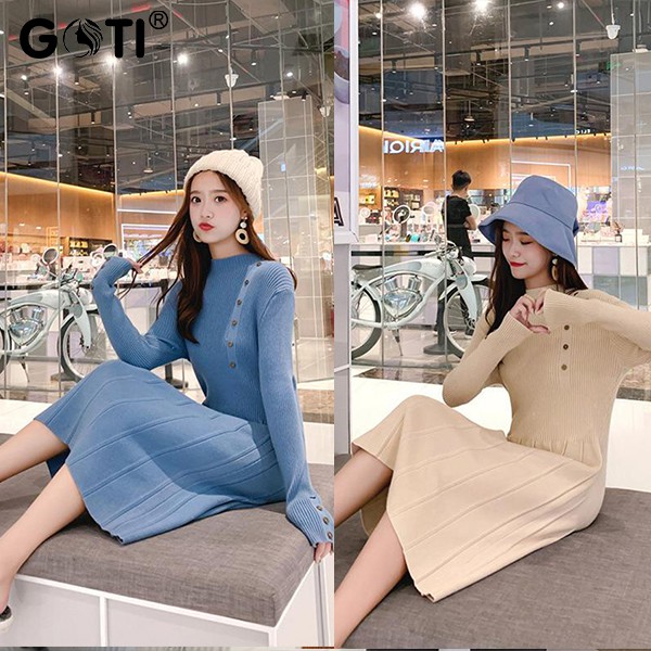 Đầm Len Kiểu Đầm Dáng Xèo Đính Nút Xinh Xắn GOTI2061