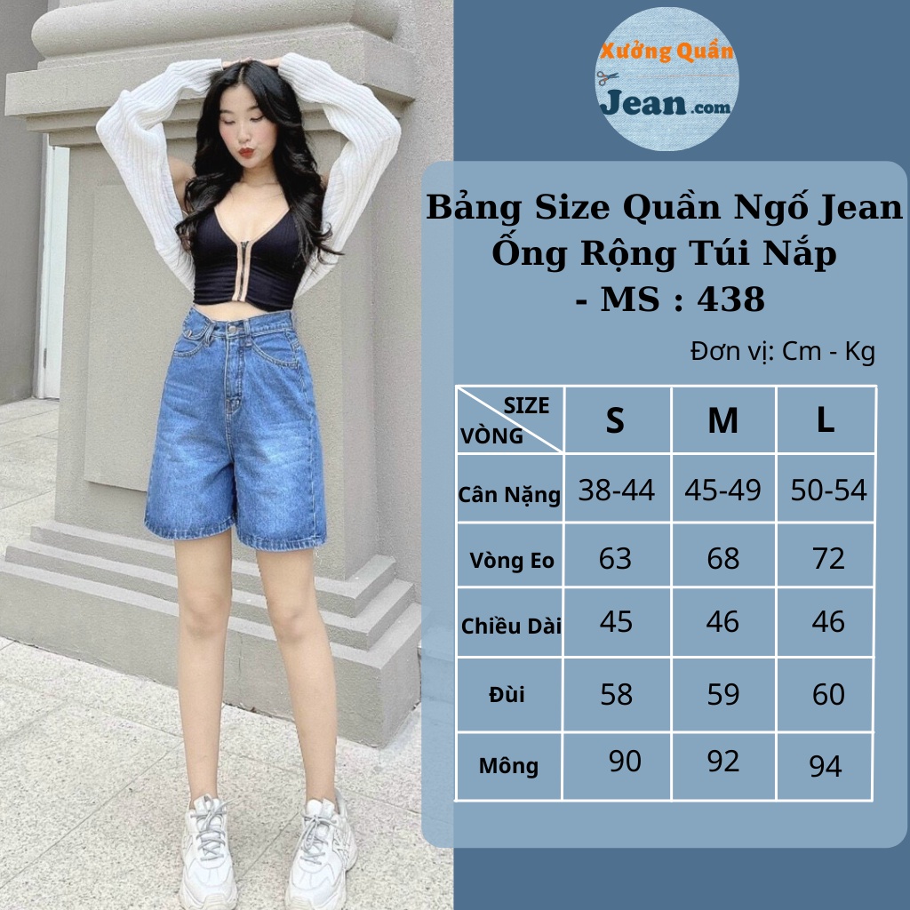 Quần Short Jean Ngố Nữ Ống Rộng Túi Nắp Lưng Cao Basic Chất Bò Phong Cách Ulzzang Hàn Quốc 4 Màu 438