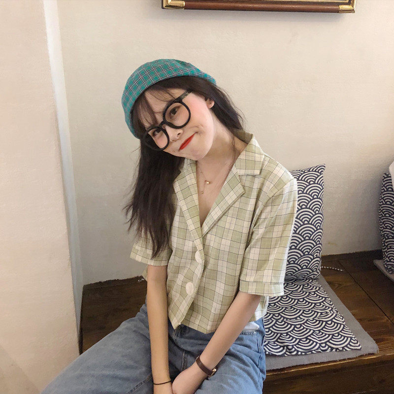 Áo blazer nữ đẹp 2021, Áo kiểu nữ cổ bẻ màu xanh Caro Phối Cúc Sang Chảnh Thời Trang Hàn Quốc | BigBuy360 - bigbuy360.vn