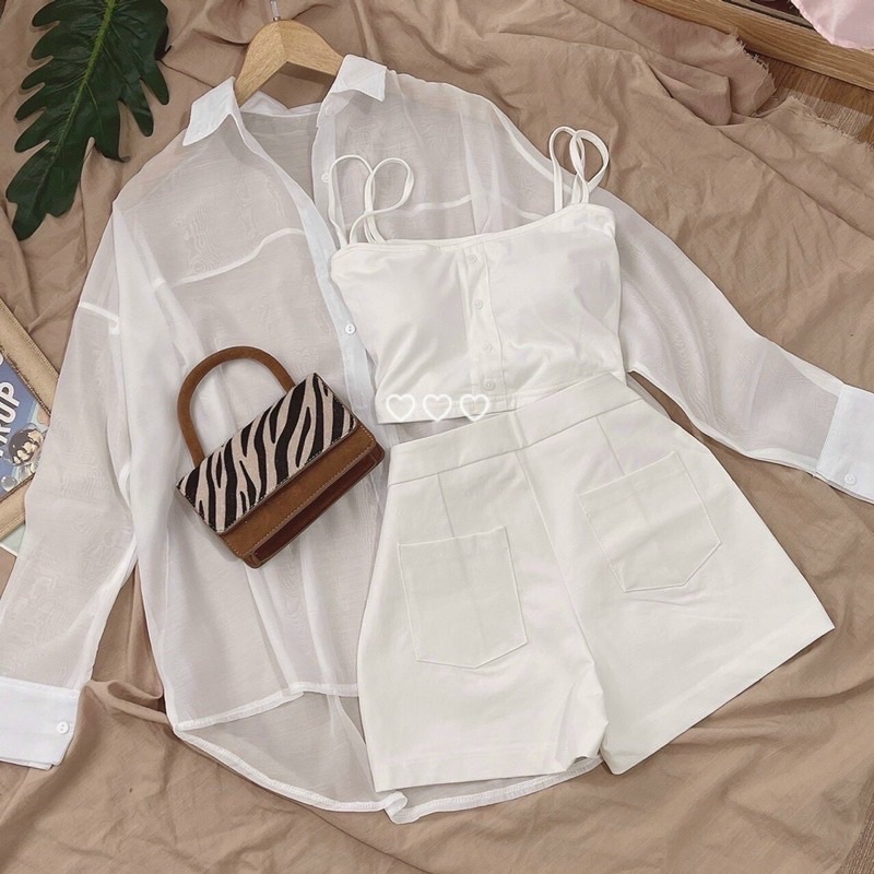 Set Bộ 3 Món Áo Dây cotton + Áo Sơ Mi voan + Quần short Kaki co giãn 4 chiều