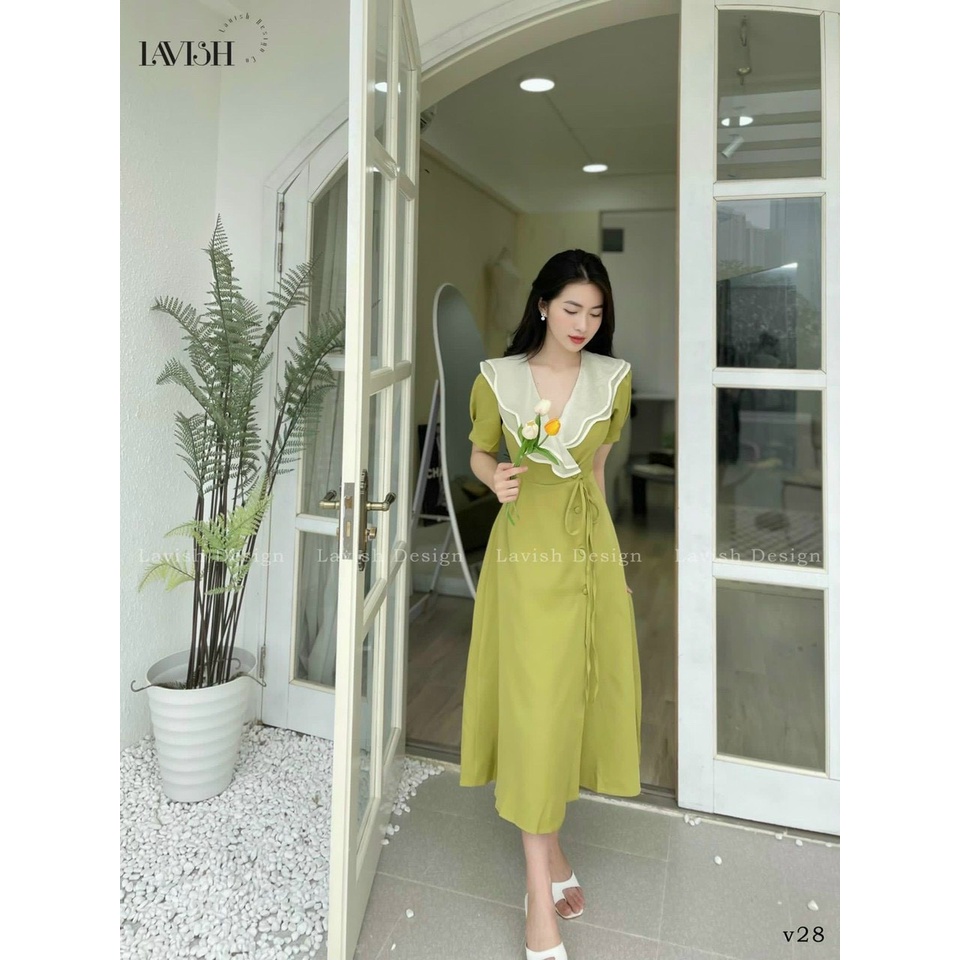 Đầm cổ bèo phối tơ nút bọc màu xanh bơ, đen cột nơ eo dễ thương