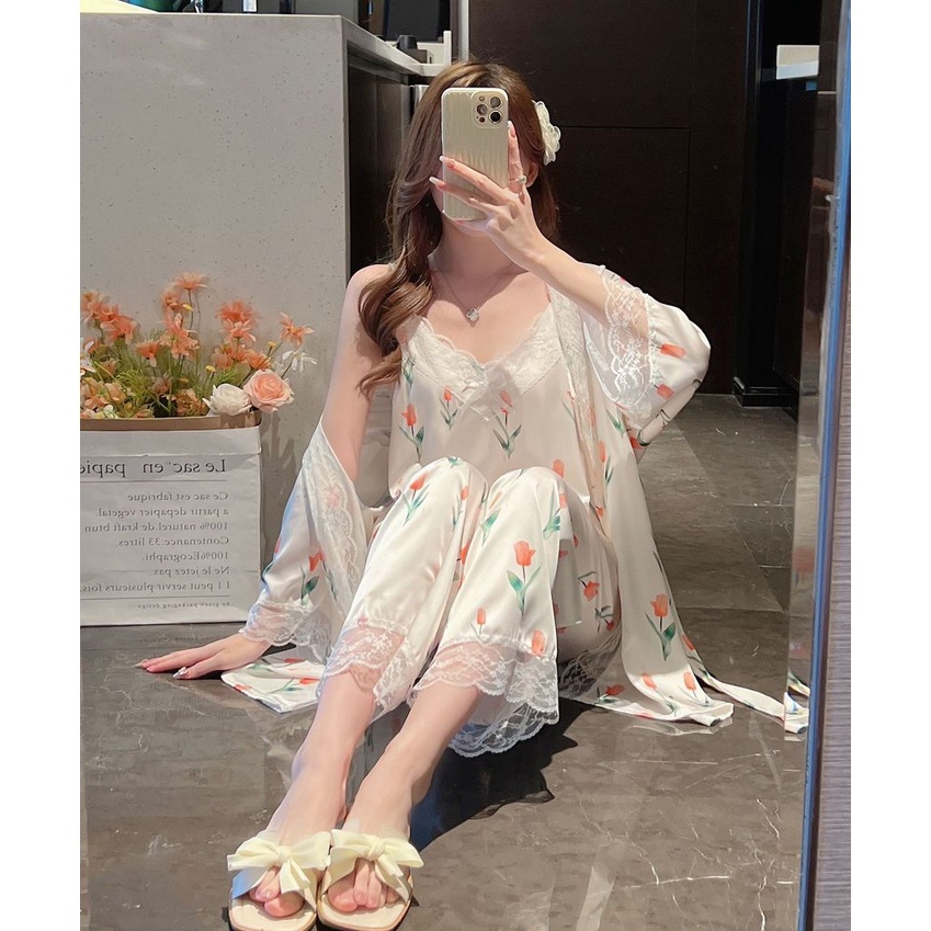 Bộ Đồ Ngủ Lụa Ba Mảnh Tay Dài Phong Cách Hàn Quốc Gợi Cảm Hàng Mới 2022