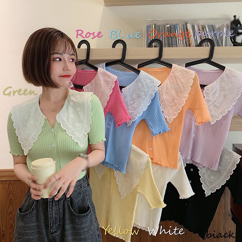 Áo Dệt Kim Ngắn Tay Phối Nút Ngọt Ngào Đáng Yêu Cho Nữ
