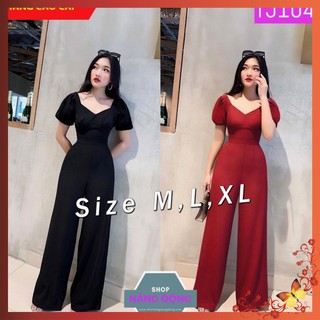 Jum Dài [FREESHIP] Jumpsuit dài ống suông cổ tim tay bo thun xinh xắn TJ1040