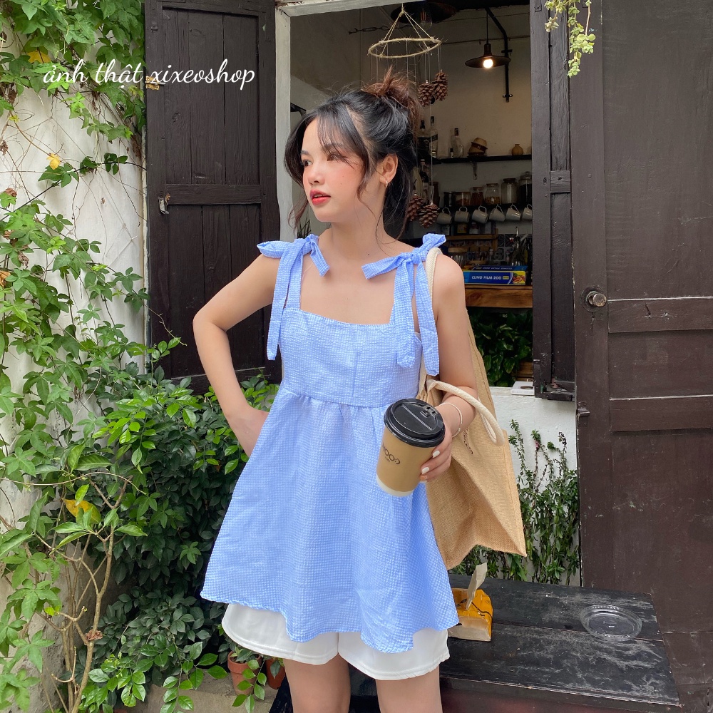Set áo hai dây buộc nơ vai kèm quần sooc trắng xixeoshop - v42