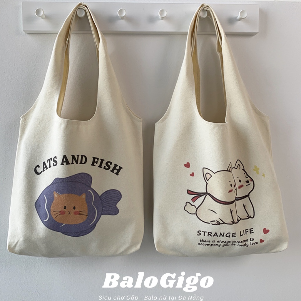 Túi Tote vải canvas có ngăn nhỏ bên trong 2 chú cún  TT80 - BaloGigo