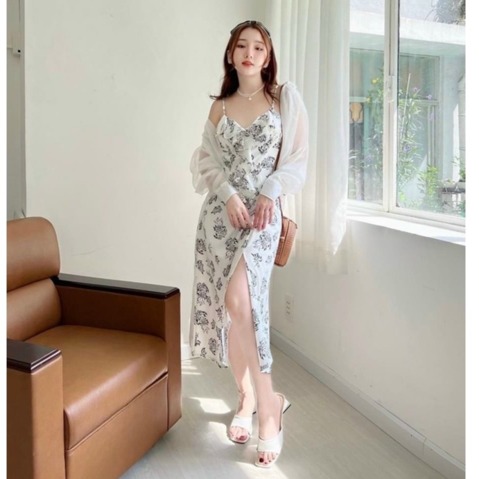 Set đầm váy 2 dây dáng xòe sẻ tà nhẹ kèm áo khoác voan tay dài tinh tế nữ tính dự tiệc dạo phố  XM MINH PHÚC