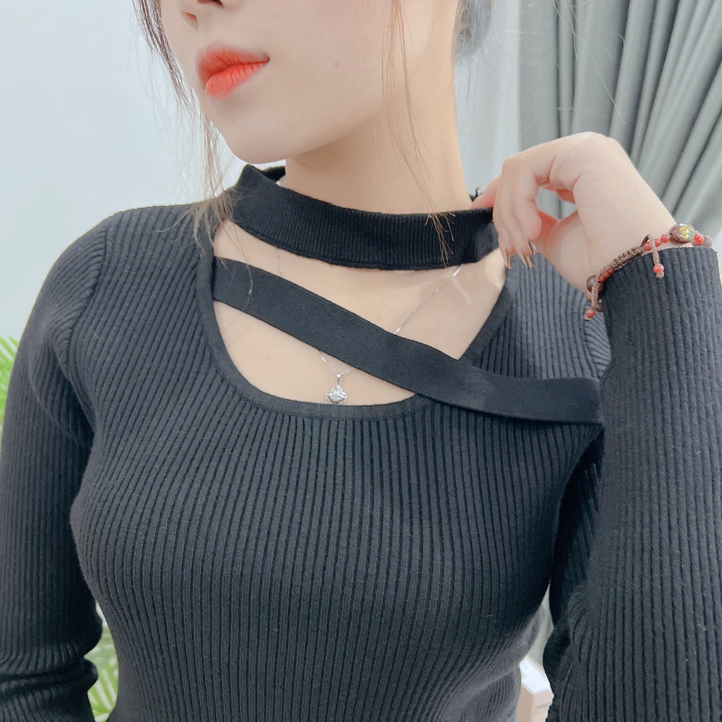 Áo len tăm cổ 2 dây kiểu HQ vạt tôm cực co dãn không bai nhão