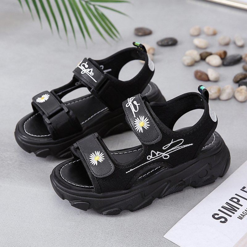 (2 MÀU) Sandal nữ thời trang Ulzang 2 quai ngang hoa cúc 2 màu đế cao siêu êm