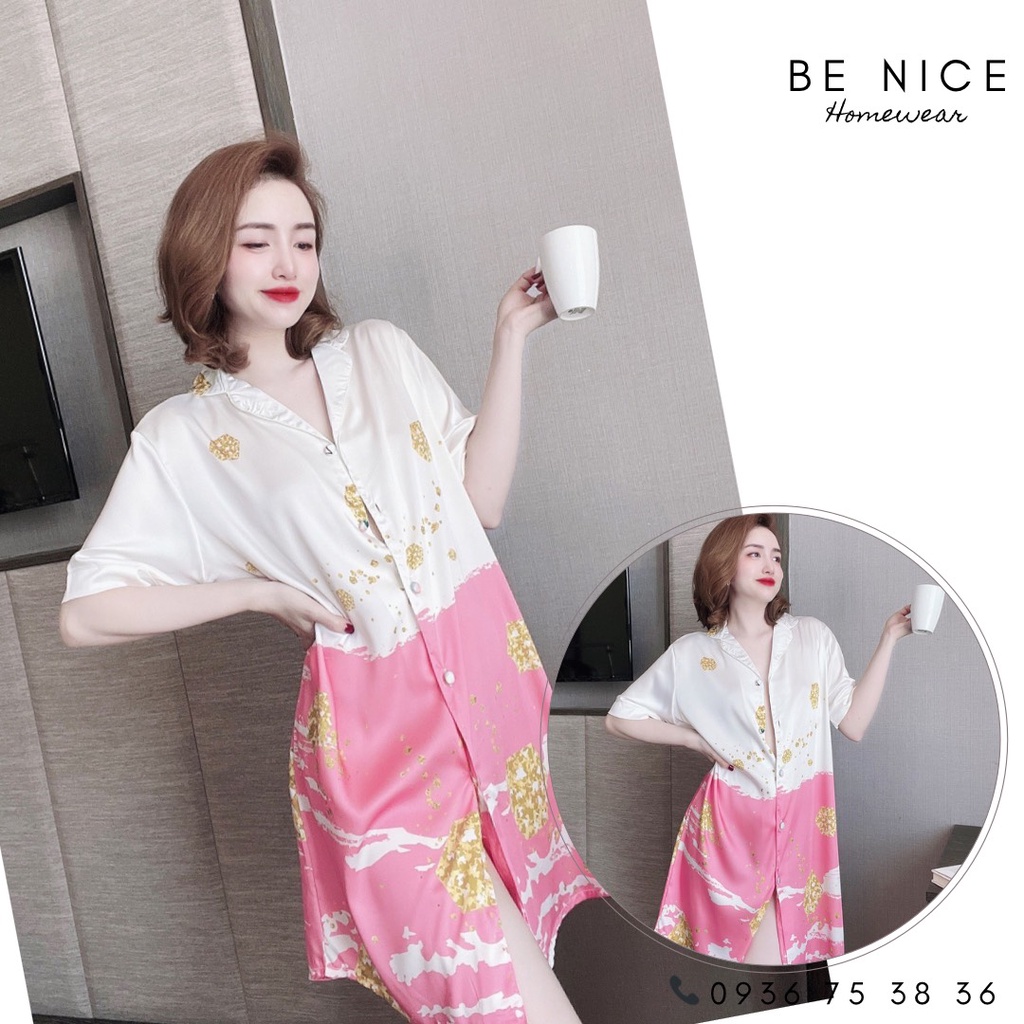 Váy lụa cổ bẻ phối họa tiết chân váy xinh xắn,  Be Nice Homewear