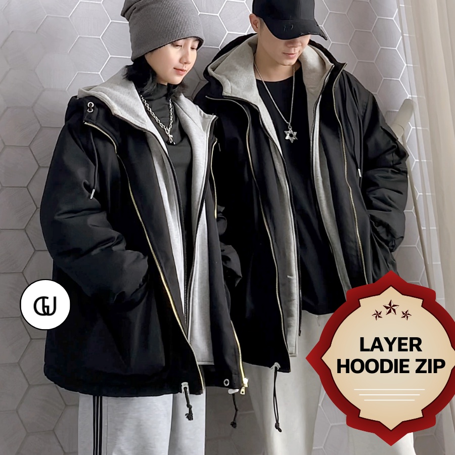 Áo Khoác Nam Nữ Phối Layer Hoodie Zip Siêu Dày Dặn GUF