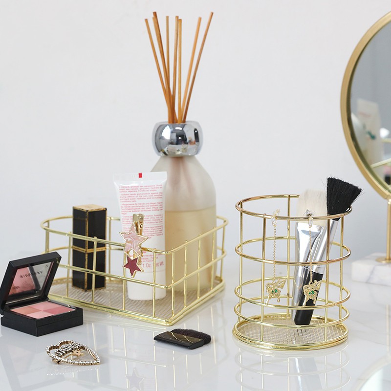 Household Golden Iron Art Stationery Storage Basket Desktop organization Storage Basket Bathroom Supplies Storage Rack