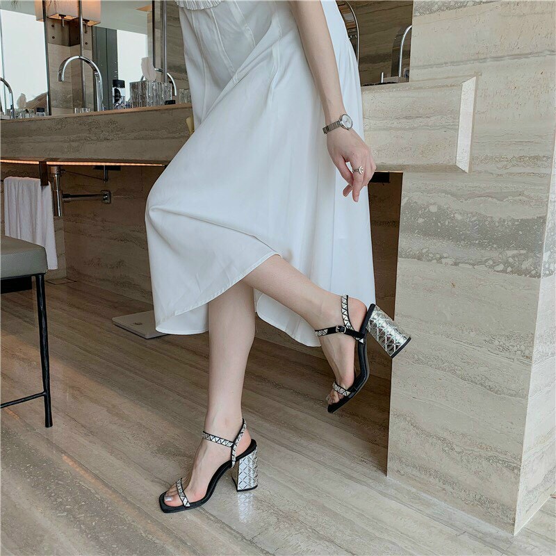 giày cao gót nữ đế vuông 9cm quai ngang mảnh đính đá xoàn mẫu mới đi tiệc,đi chơi phong cách sang chảnh