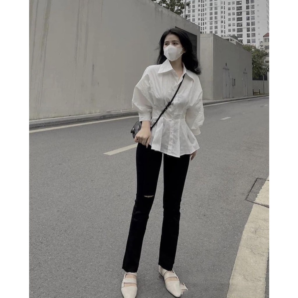 Áo sơ mi nữ A28 chiết eo tôn dáng, áo kiểu trắng tay lỡ dáng xoè phong cách hàn quốc.
