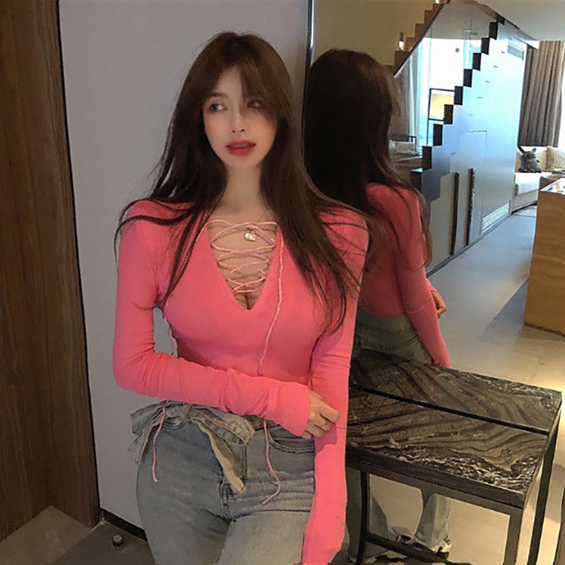 IELGY Áo Thun Nữ Dài Tay Cổ Chữ V Ôm Dáng Phong Cách retro Hong Kong