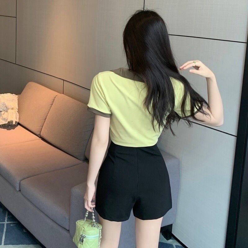 Bộ Áo Thun Cổ Chữ V + Quần Short Lưng Cao Xẻ Tà Thời Trang Mùa Hè Hàn Quốc 2022 Mới